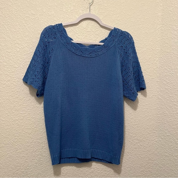 Womens Blue Short Sleeve Crochet Boho Beach Top Blouse Size L - Picture 8 of 8